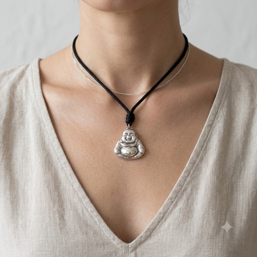 Laughing Zen Buddha Lucky 92.5 Sterling Silver Necklace Pendant