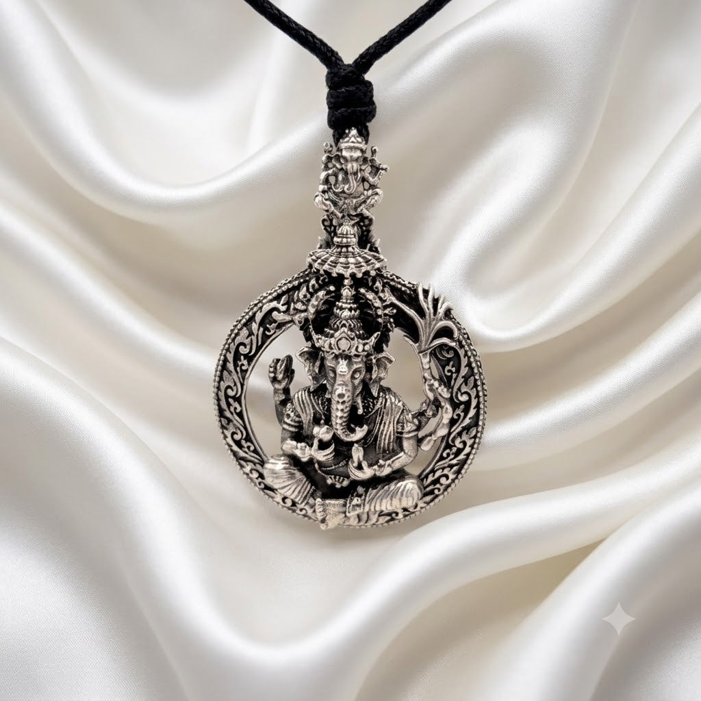 Large Ganesha Elephant God 92.5 Sterling Silver Necklace Pendant Hindu Jewelry