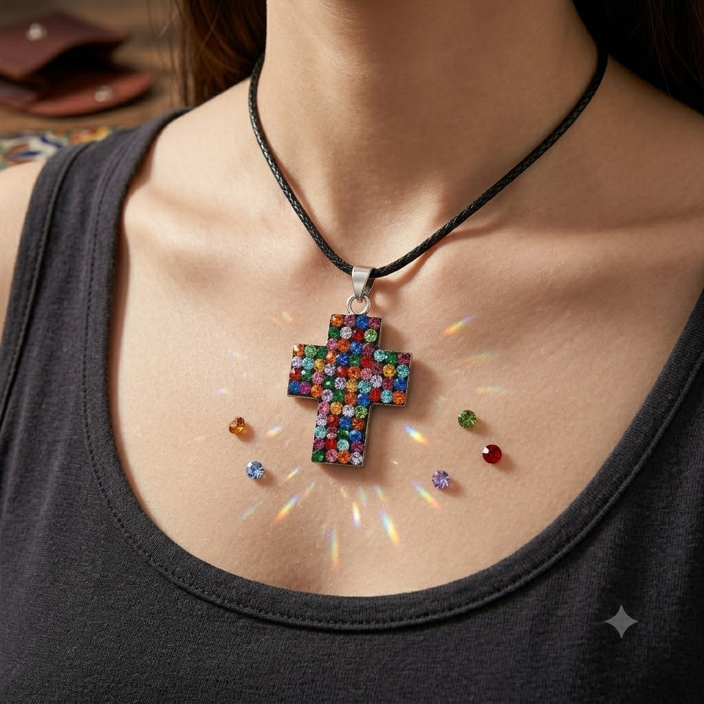 Elegant Multicolor Rhinestone Cross Charm 92.5 Sterling Silver Necklace Pendant Jewelry