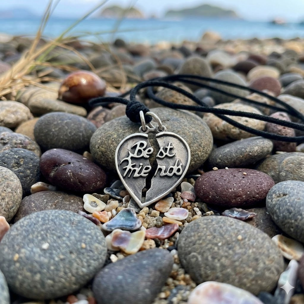92.5 Sterling Silver Best Friends Broken Heart Pendant Charm With Cotton Cord