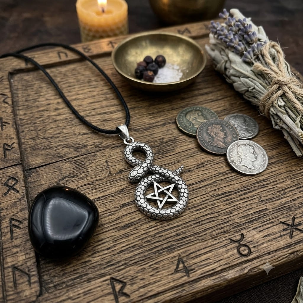 Pentagram Snake 92.5 Sterling Silver Necklace Pendant Jewelry