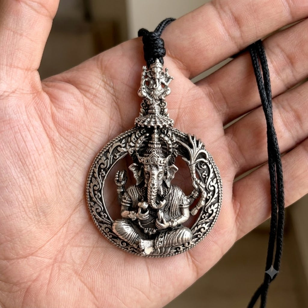 Large Ganesha Elephant God 92.5 Sterling Silver Necklace Pendant Hindu Jewelry