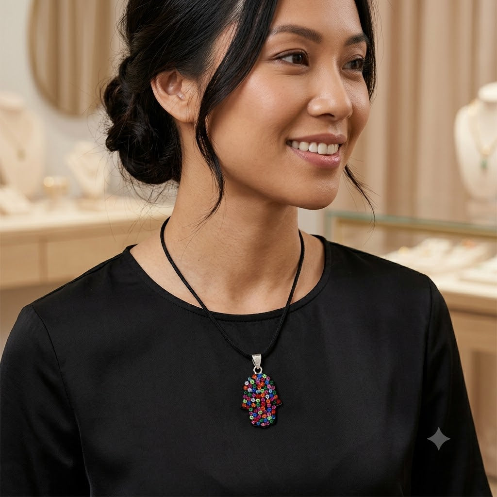 Hamsa Hand multi color 92.5 Sterling Silver Pewter Necklace Pendant Jewelry.