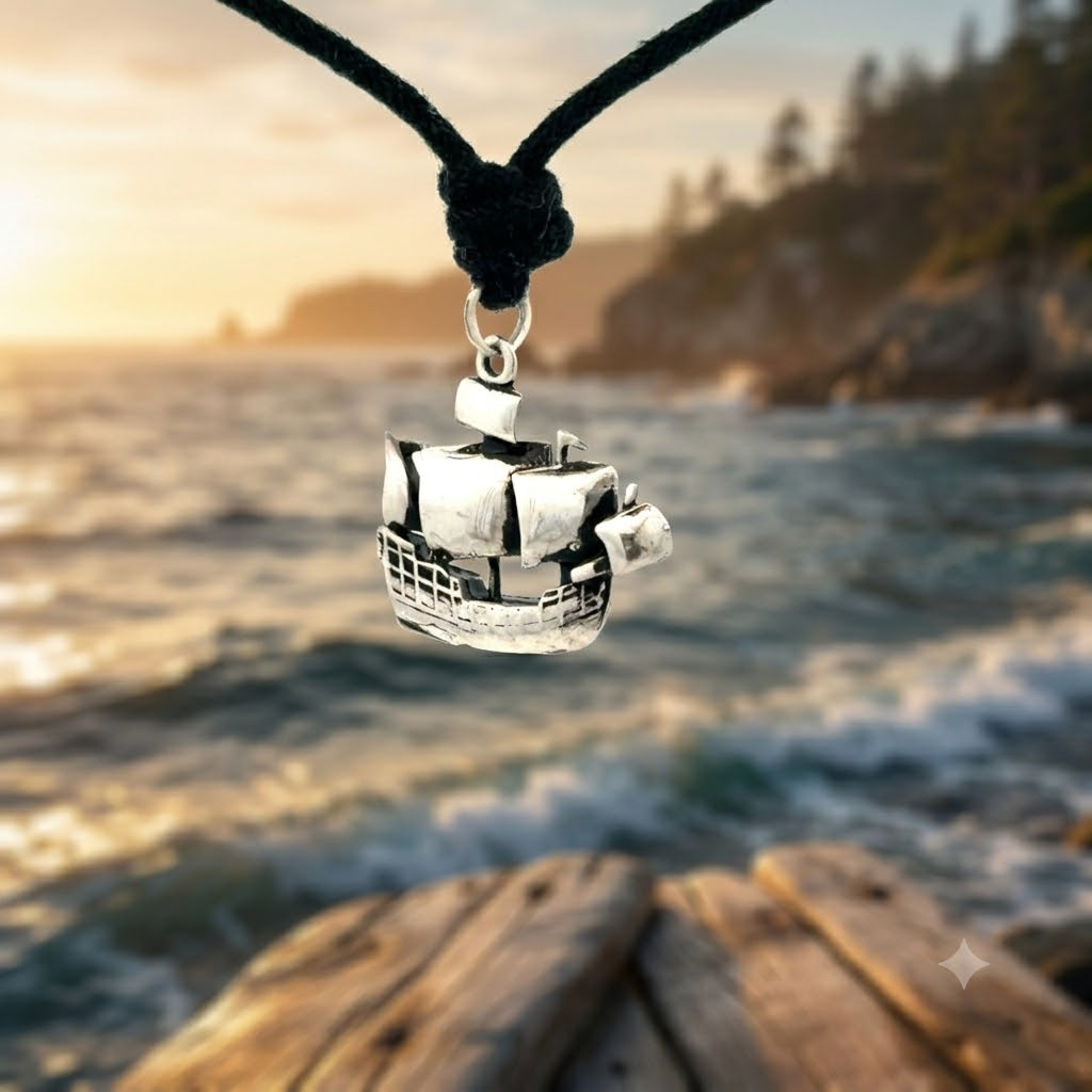 Galleon Pirate Ship Seafarer's Nautical Sailing 92.5 Sterling Silver Charm Necklace Pendant Jewelry