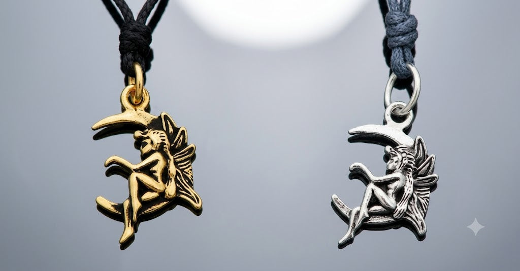 Fairy Moon Woman 92.5 Sterling Silver Gold Brass Charm Necklace Pendant Jewelry