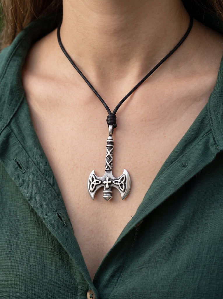 New Battle Axe Silver Pewter Charm Necklace Pendant Jewelry