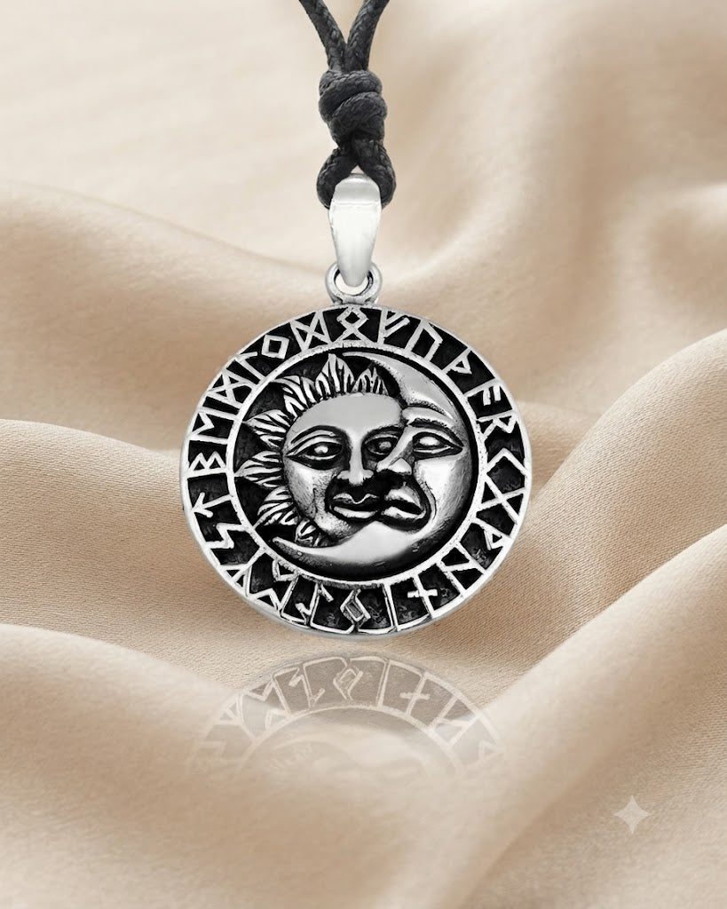 Sun Moon YinYang Runes Runic Sterling Silver Brass Pewter Necklace Pendant Jewelry