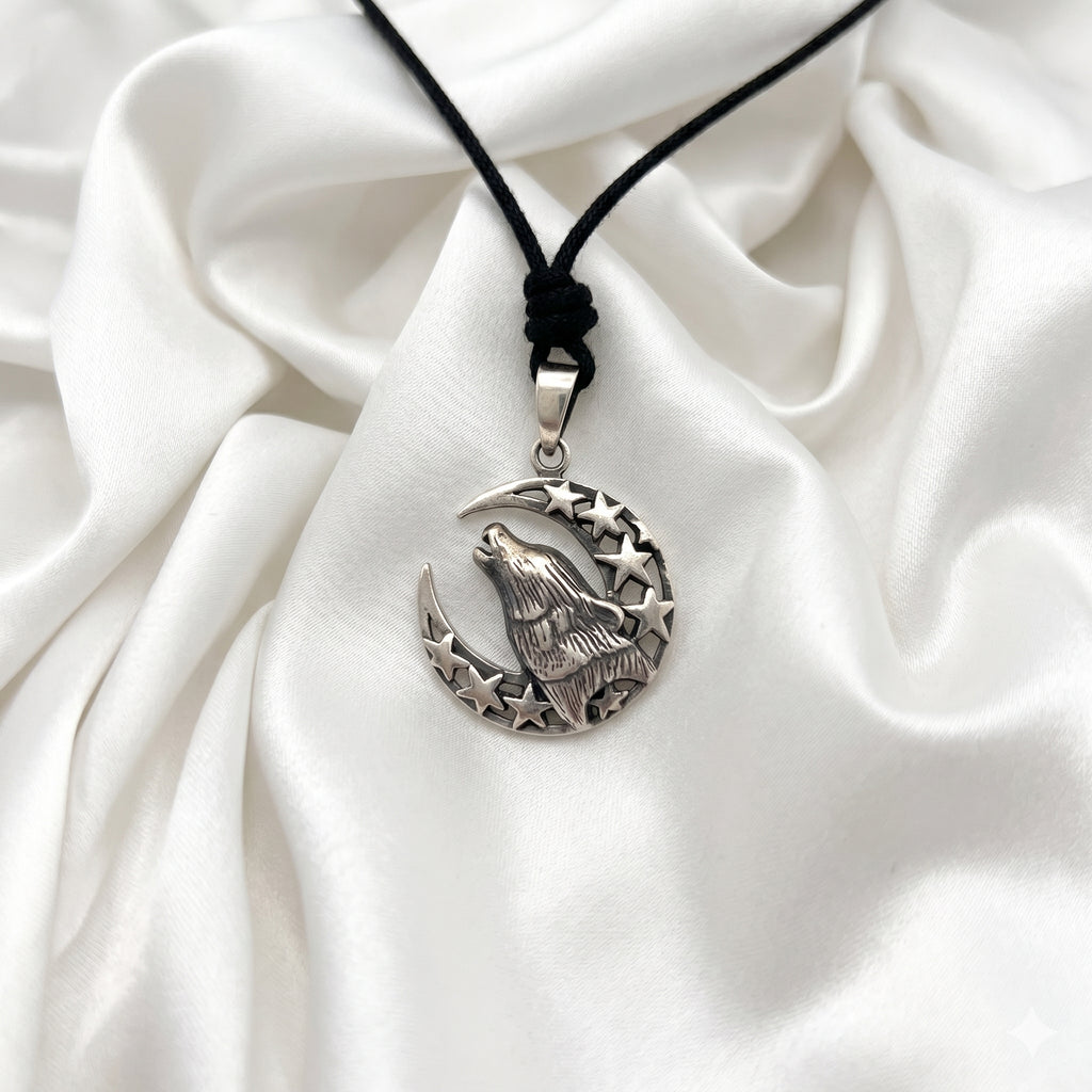 Wolf Howling Moon Indian 92.5 Sterling Silver Charm Necklace Pendent Jewelry