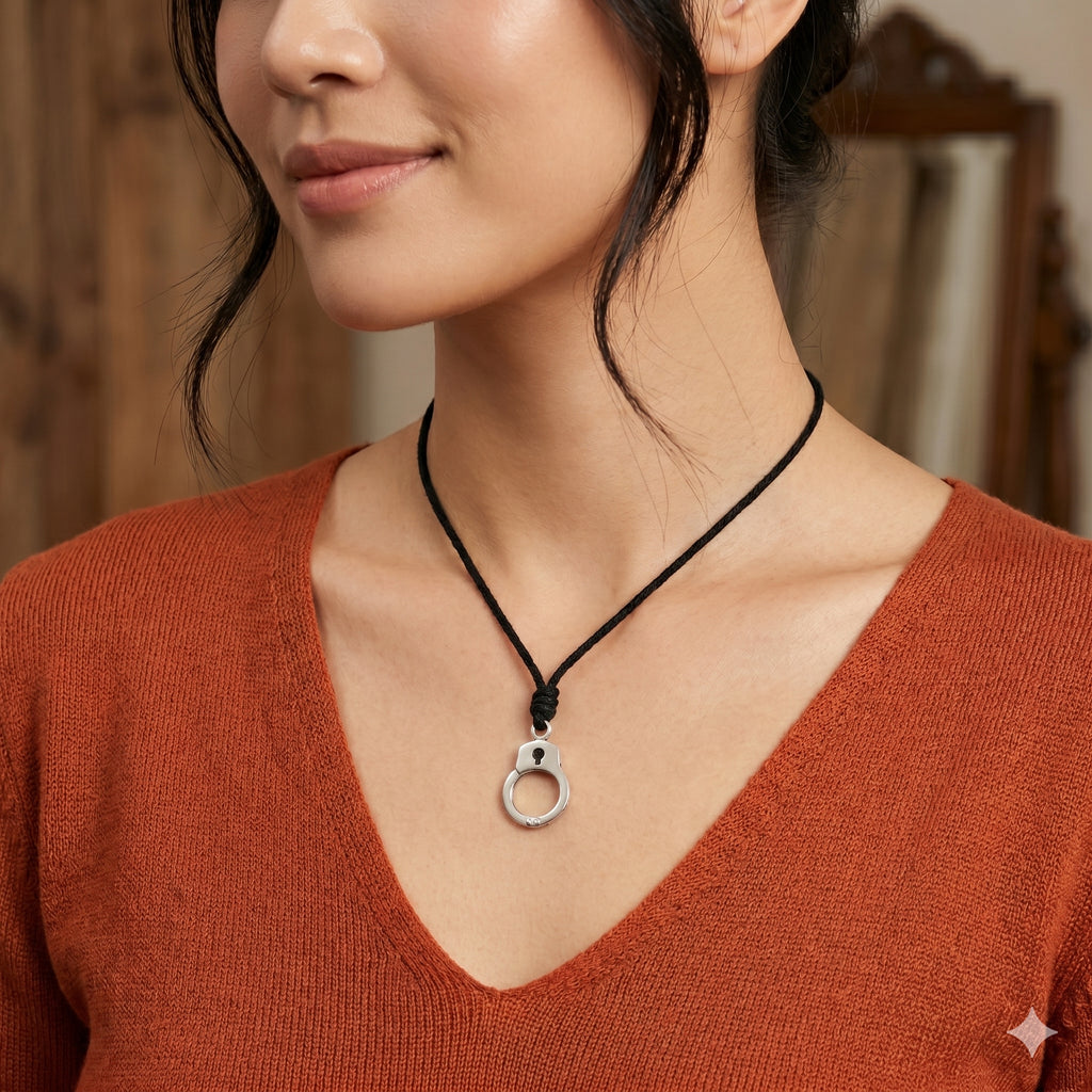 Handcuff Charm Pendant 925 Sterling Silver/Pewter With Adjustable Cotton Cord Necklace - Bondage Style Jewelry