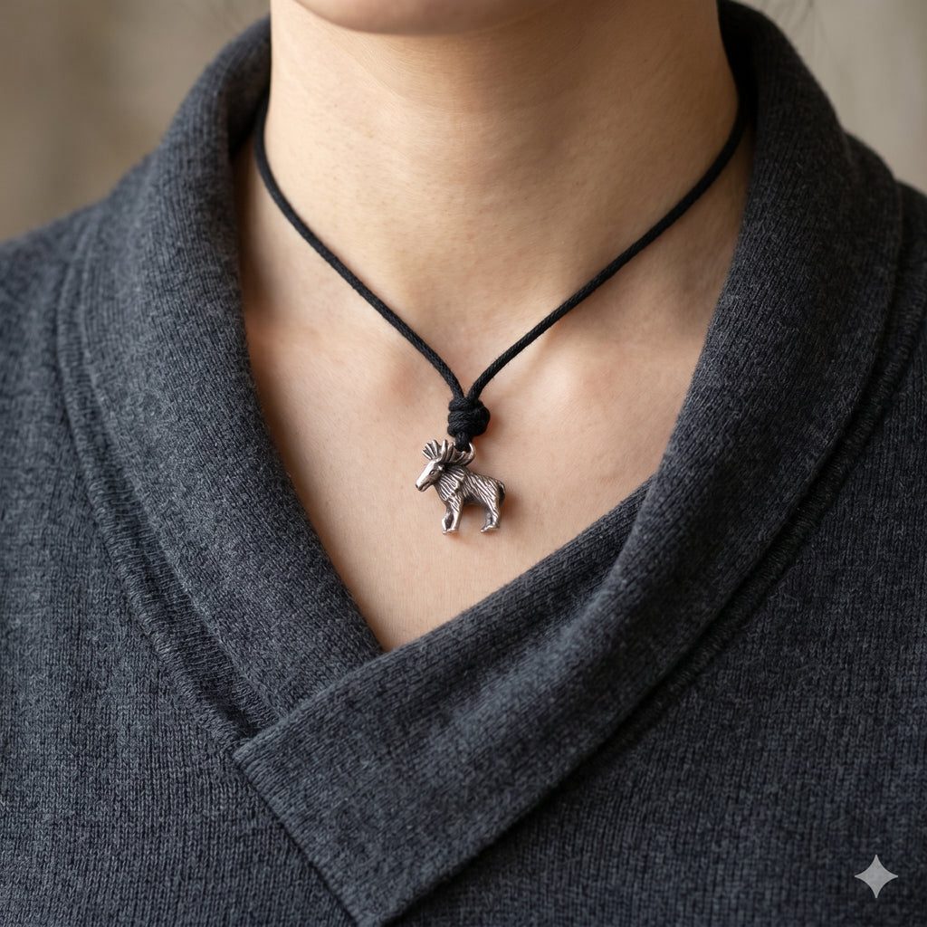 Reindeer Moose Silver Pewter Charm Necklace Pendant Jewelry With Cotton Cord