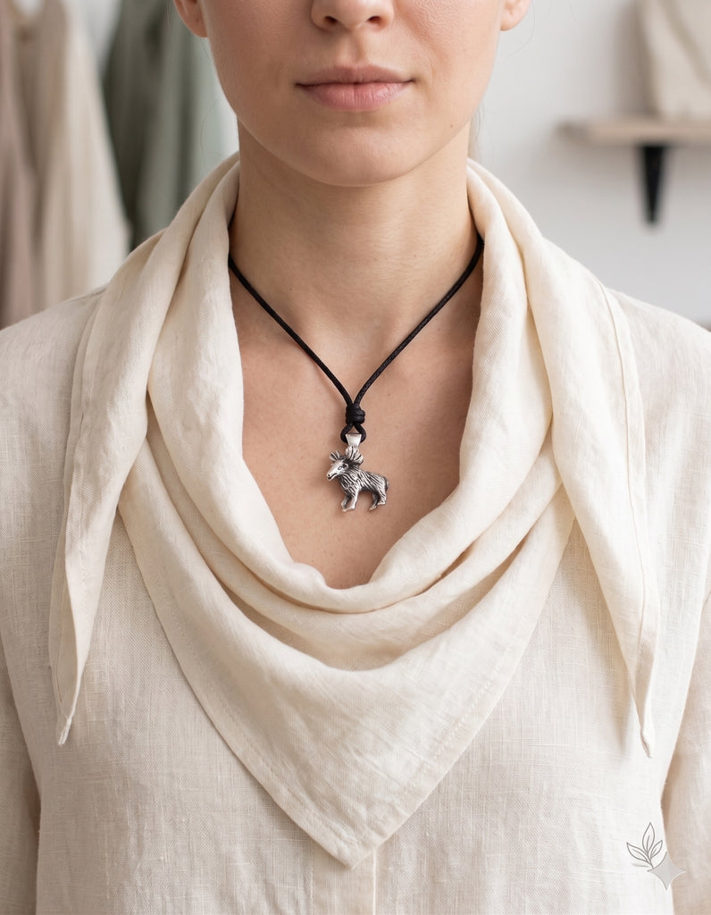 Reindeer Moose Silver Pewter Charm Necklace Pendant Jewelry With Cotton Cord
