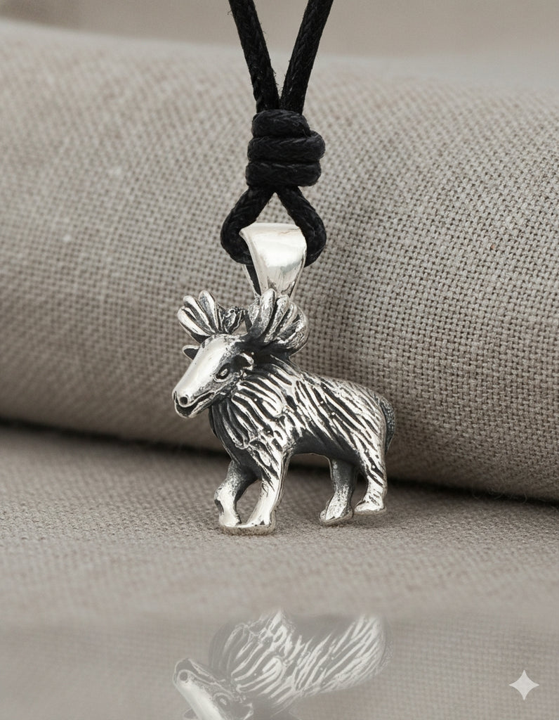 Reindeer Moose Silver Pewter Charm Necklace Pendant Jewelry With Cotton Cord