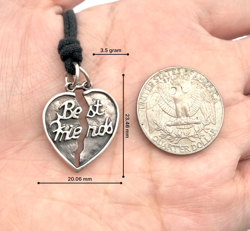 92.5 Sterling Silver Best Friends Broken Heart Pendant Charm With Cotton Cord