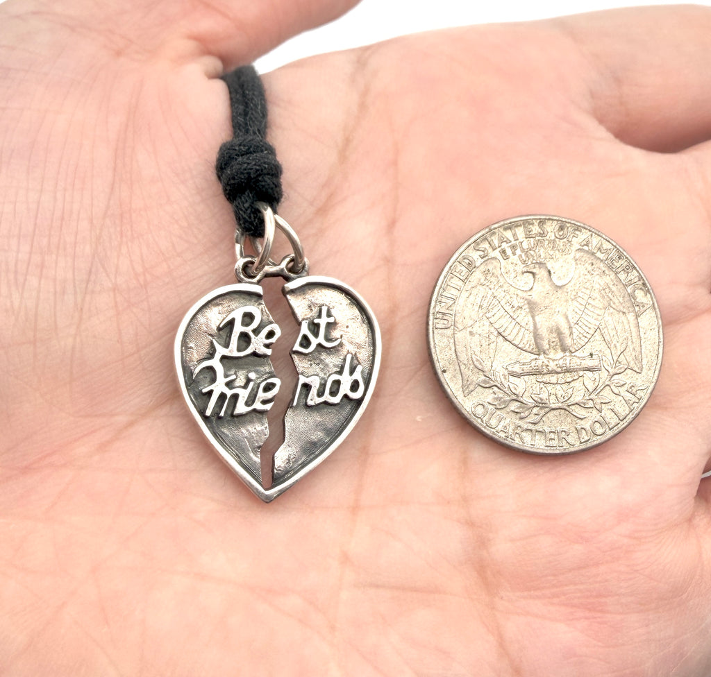 92.5 Sterling Silver Best Friends Broken Heart Pendant Charm With Cotton Cord