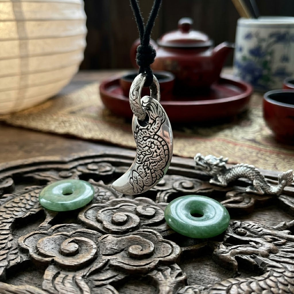 Vintage Dragon Magatama Japanese Yin‑Yang Pendant Necklace – 92.5 Sterling Silver & Gold Brass Jewelry
