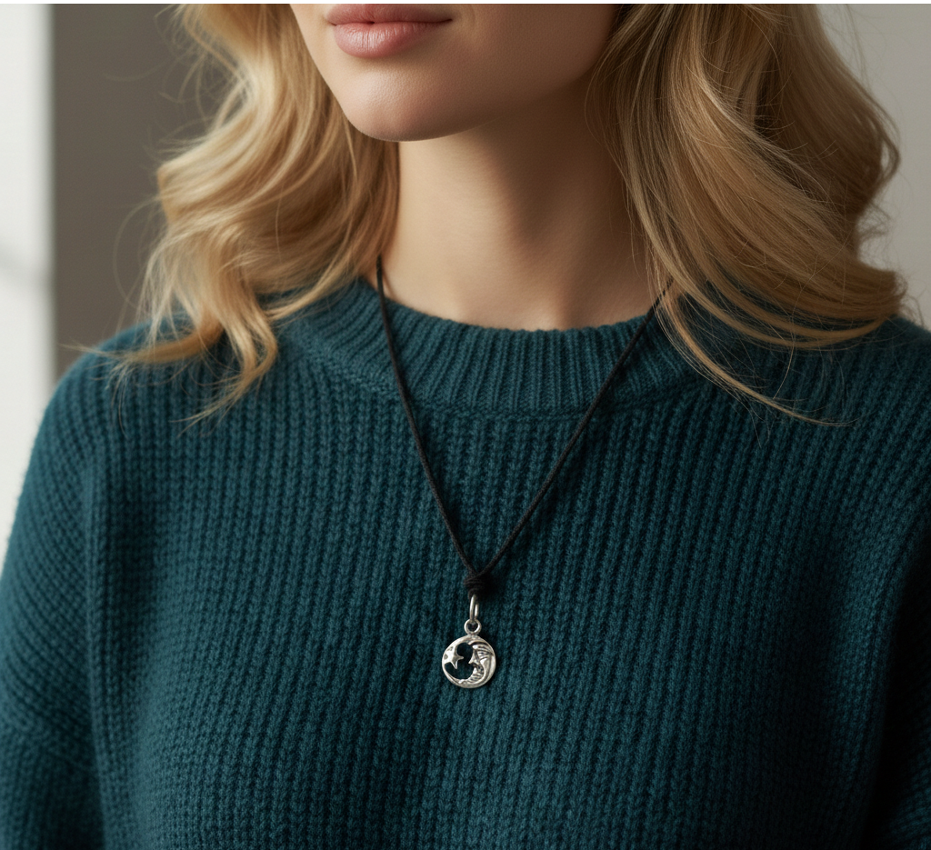 Moon & Star Silver Pewter Sterling Silver Charm Necklace Pendant Jewelry