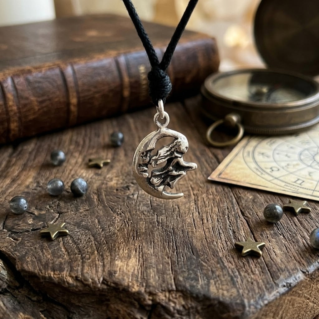 Witch Moon Handmade Gold Brass Silver Pewter Charm Necklace Pendant Jewelry