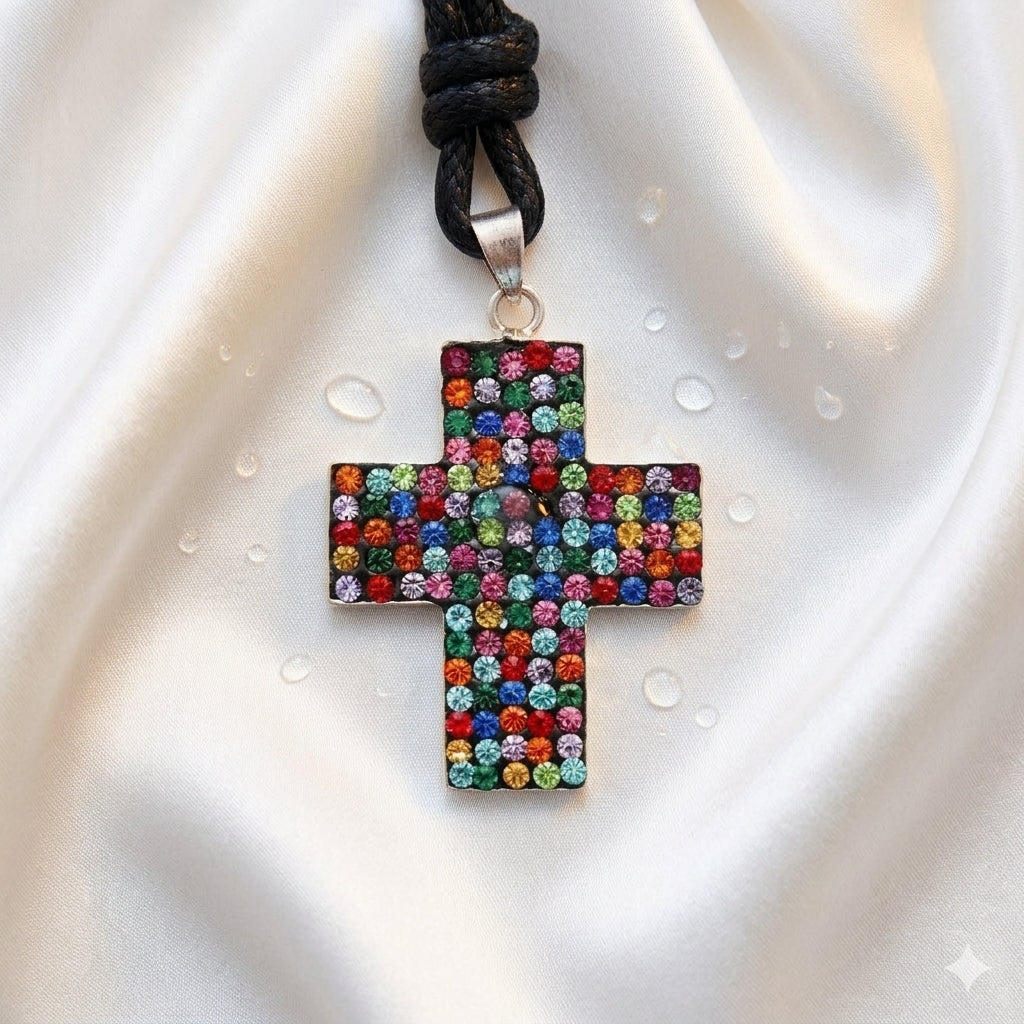 Elegant Multicolor Rhinestone Cross Charm 92.5 Sterling Silver Necklace Pendant Jewelry