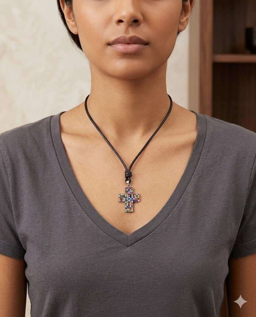 Elegant Multicolor Rhinestone Cross Charm 92.5 Sterling Silver Necklace Pendant Jewelry