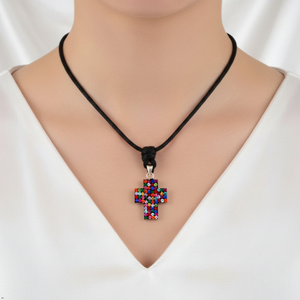Elegant Multicolor Rhinestone Cross Charm 92.5 Sterling Silver Necklace Pendant Jewelry