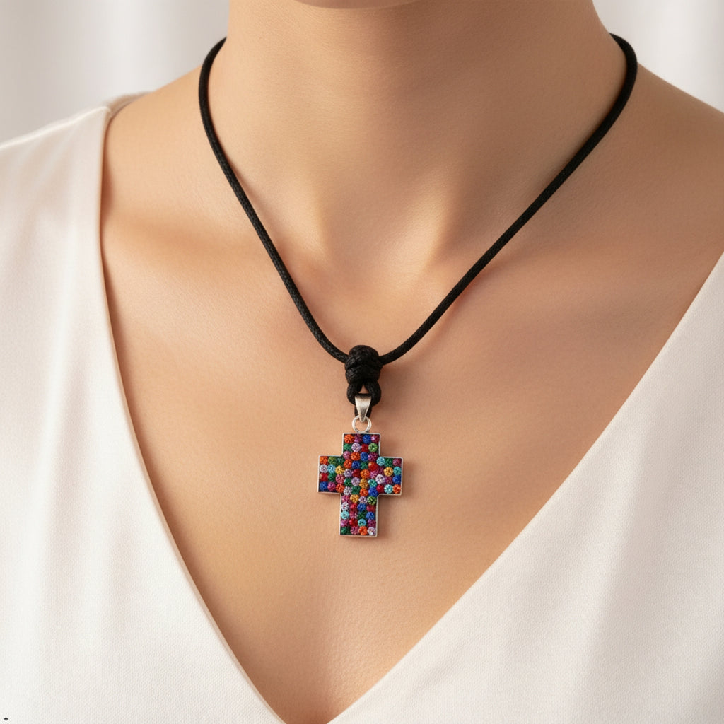 Elegant Multicolor Rhinestone Cross Charm 92.5 Sterling Silver Necklace Pendant Jewelry
