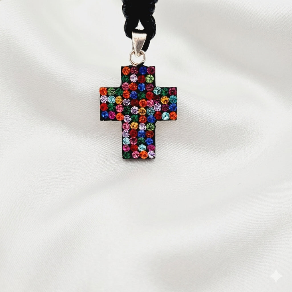 Elegant Multicolor Rhinestone Cross Charm 92.5 Sterling Silver Necklace Pendant Jewelry
