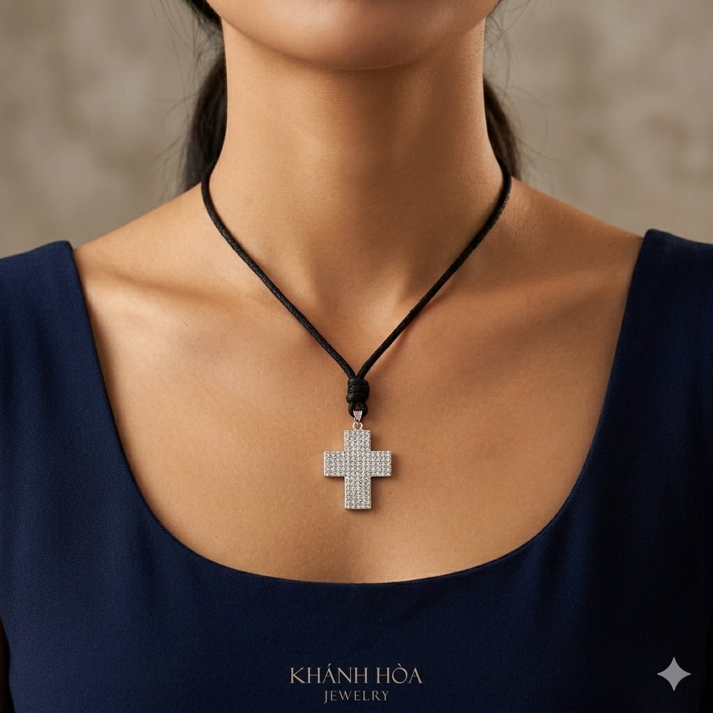Elegant Multicolor Rhinestone Cross Charm 92.5 Sterling Silver Necklace Pendant Jewelry
