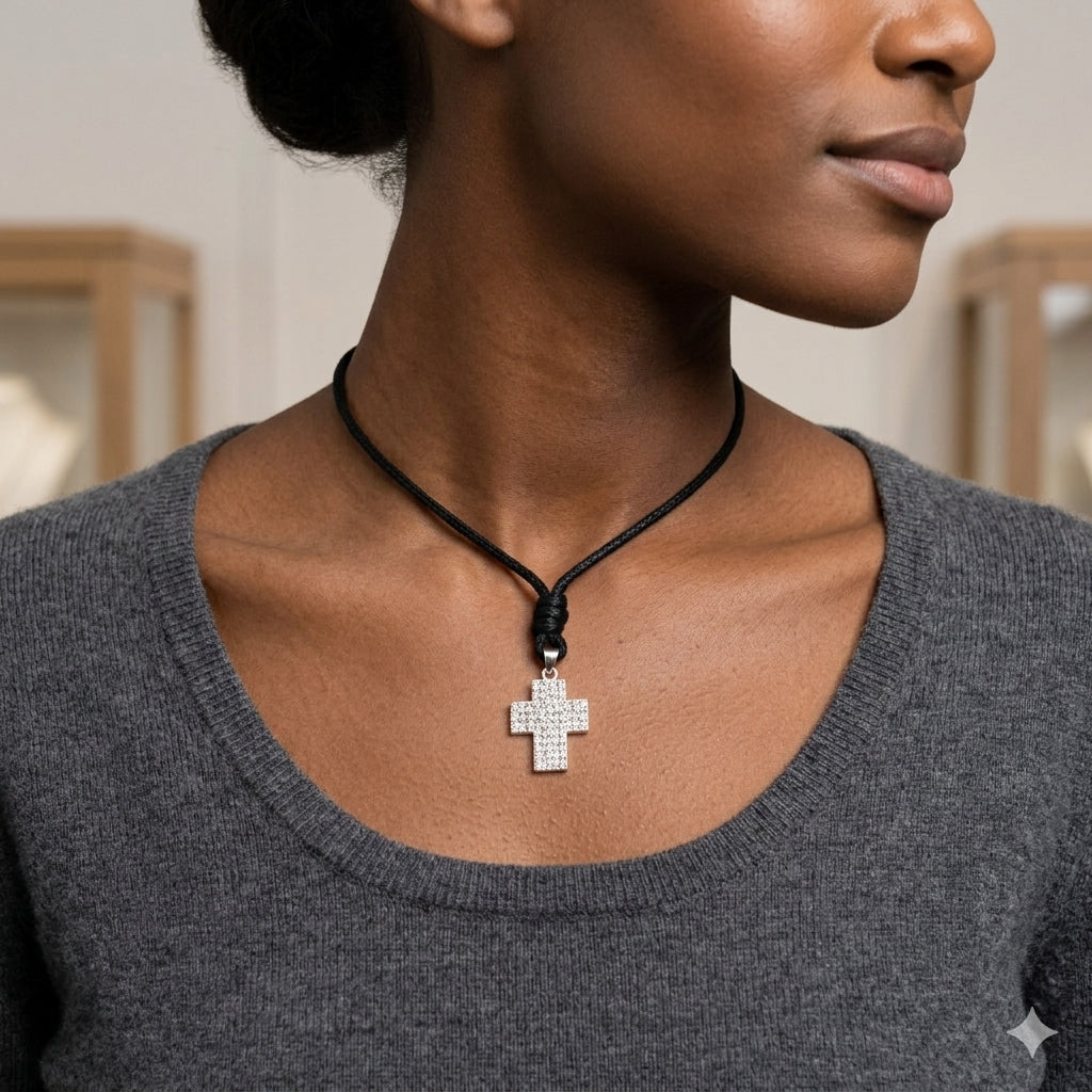 Elegant Multicolor Rhinestone Cross Charm 92.5 Sterling Silver Necklace Pendant Jewelry