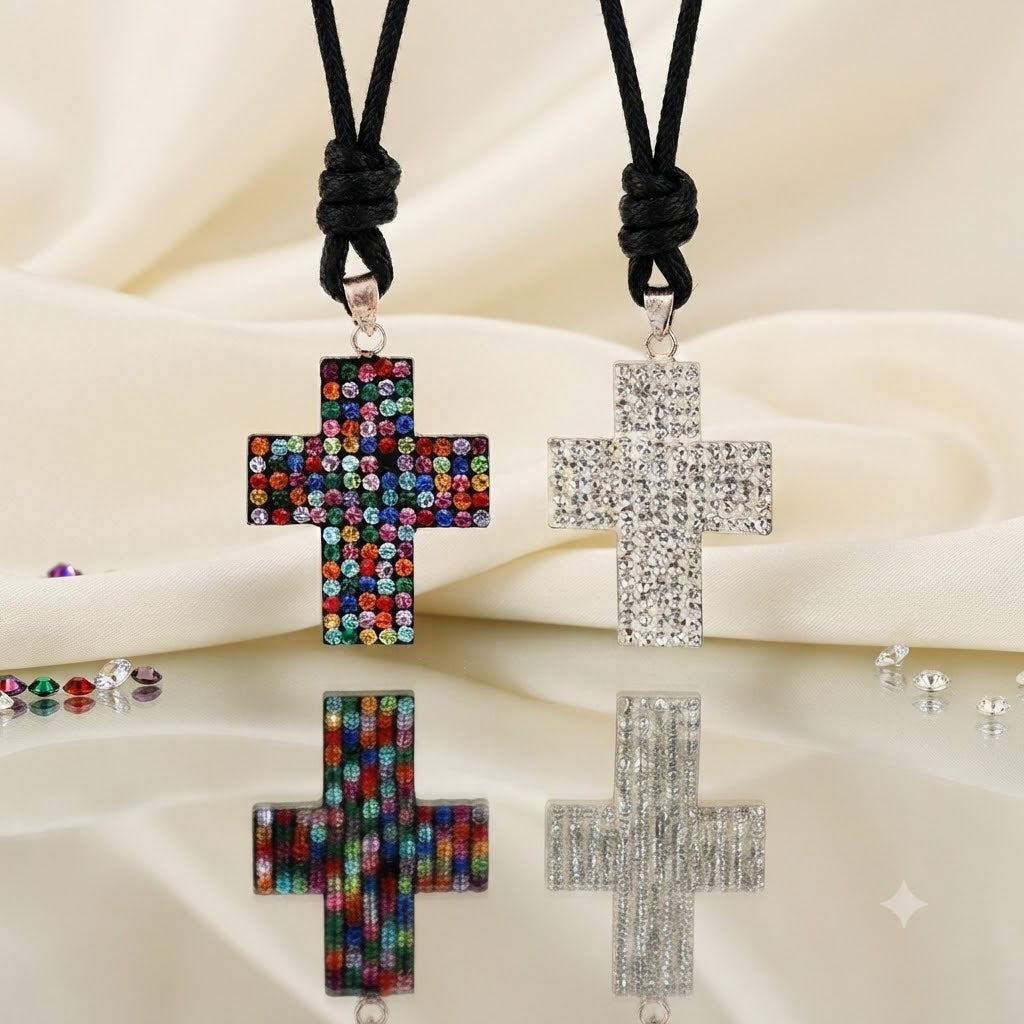 Elegant Multicolor Rhinestone Cross Charm 92.5 Sterling Silver Necklace Pendant Jewelry