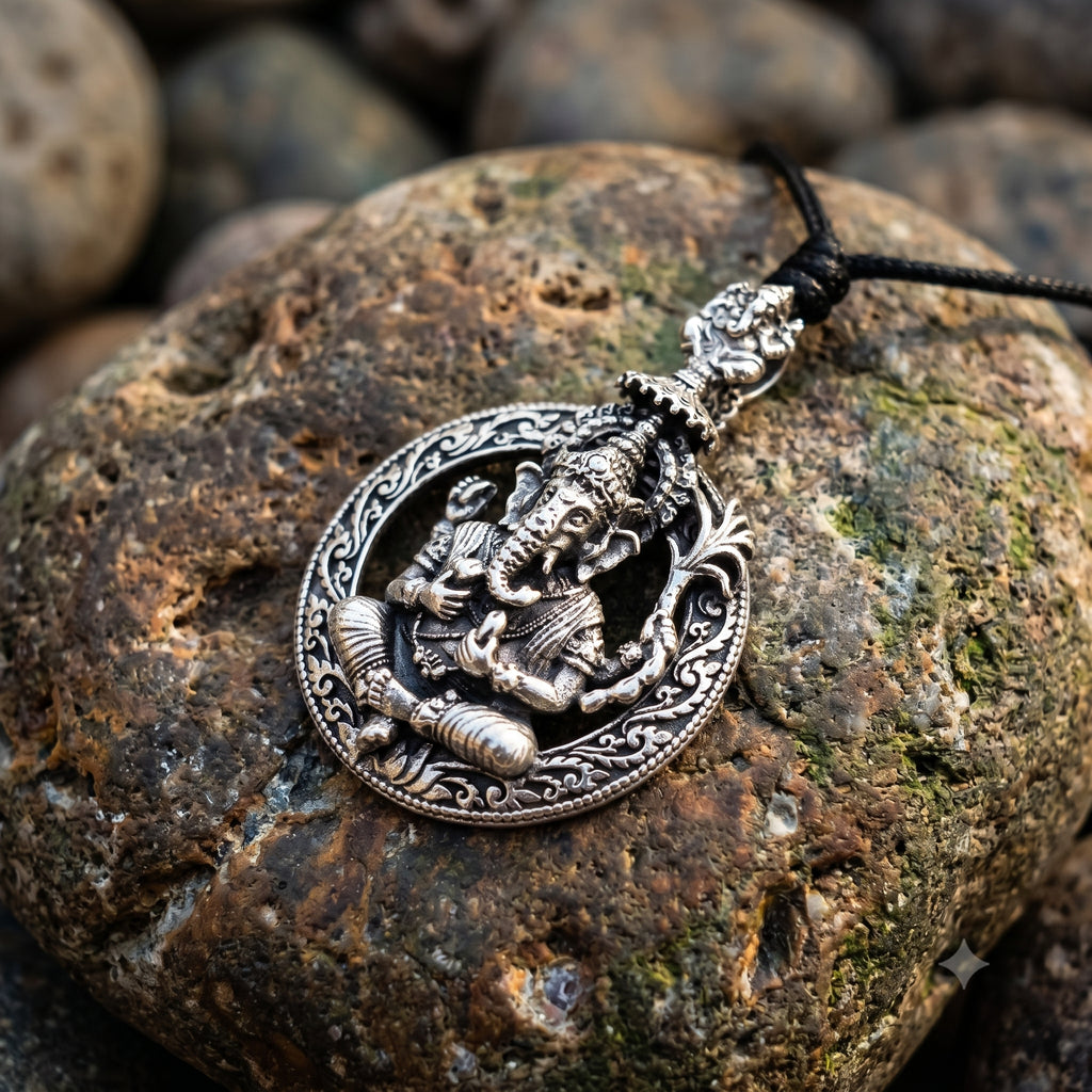 Large Ganesha Elephant God 92.5 Sterling Silver Necklace Pendant Hindu Jewelry