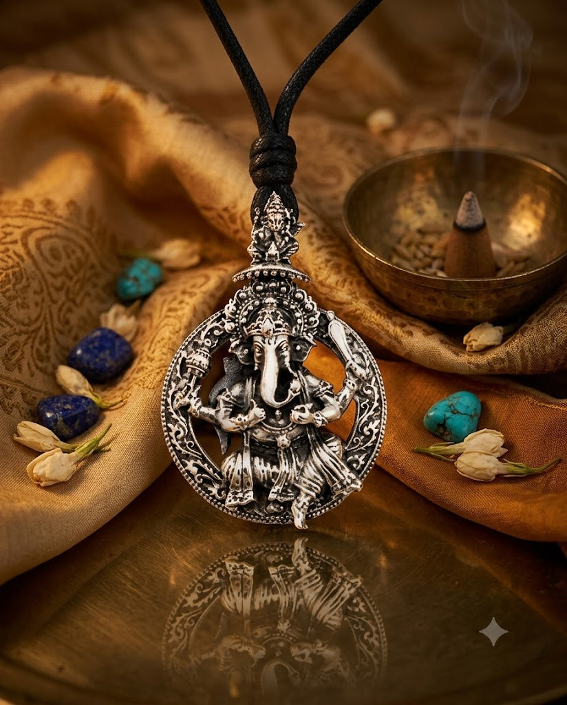 Large Ganesha Elephant God 92.5 Sterling Silver Necklace Pendant Hindu Jewelry
