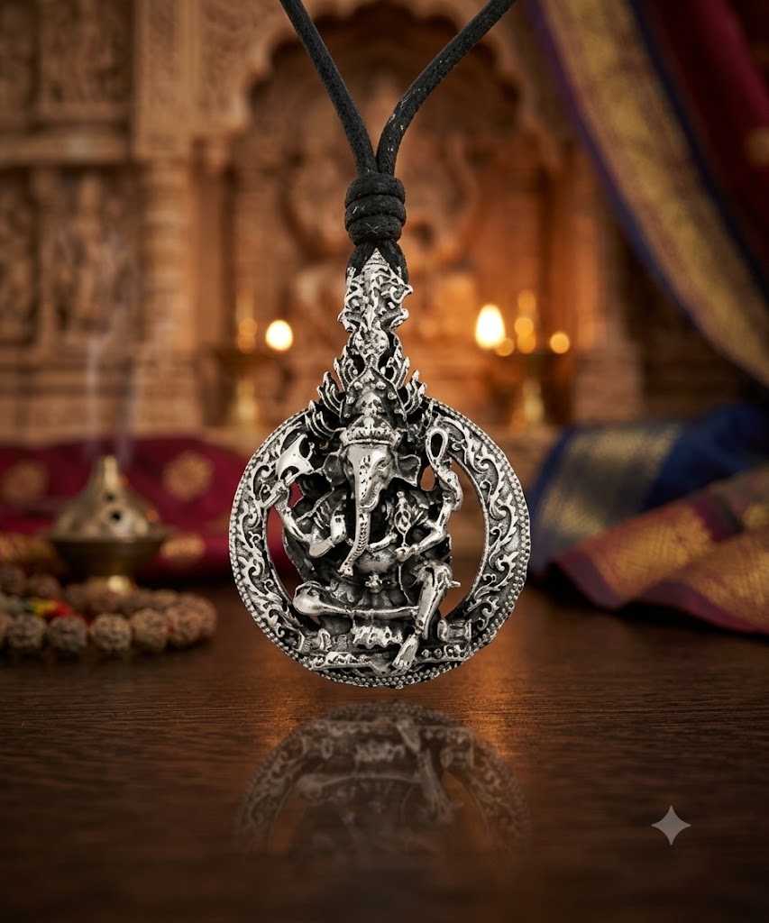 Large Ganesha Elephant God 92.5 Sterling Silver Necklace Pendant Hindu Jewelry