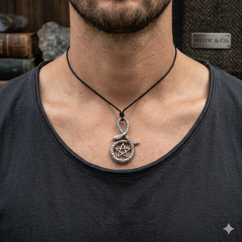 Pentagram Snake 92.5 Sterling Silver Necklace Pendant Jewelry