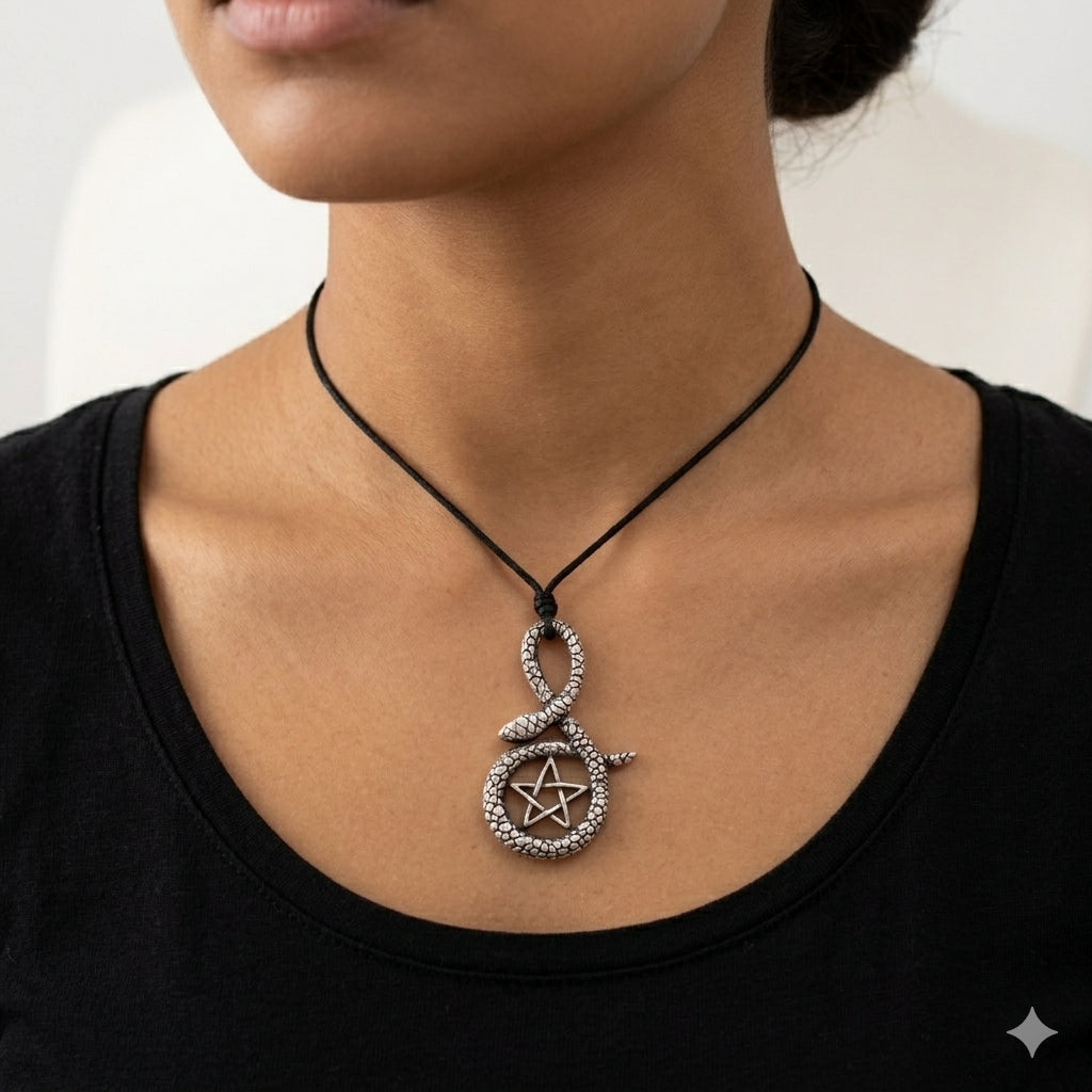 Pentagram Snake 92.5 Sterling Silver Necklace Pendant Jewelry