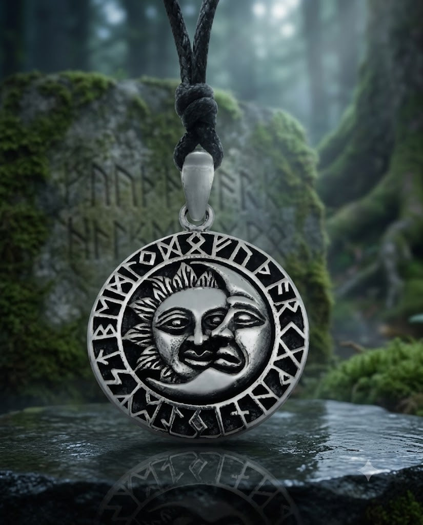 Sun Moon YinYang Runes Runic Sterling Silver Brass Pewter Necklace Pendant Jewelry