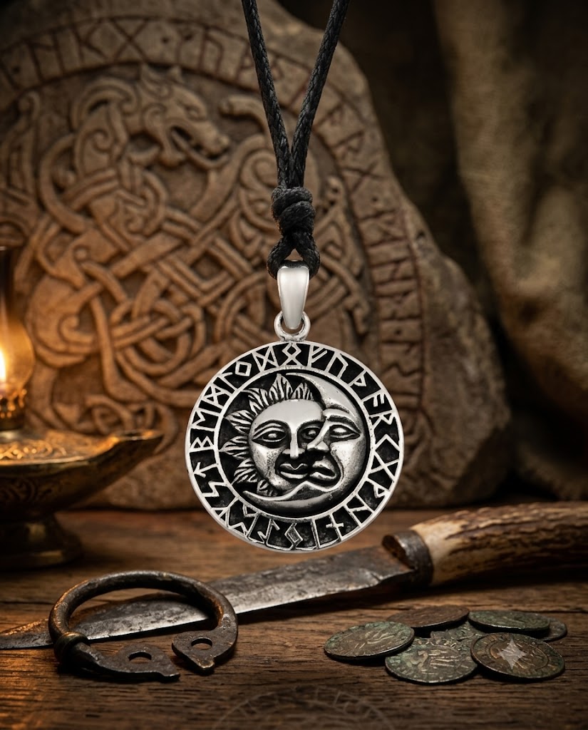 Sun Moon YinYang Runes Runic Sterling Silver Brass Pewter Necklace Pendant Jewelry