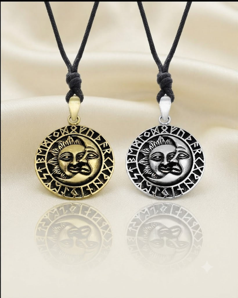 Sun Moon YinYang Runes Runic Sterling Silver Brass Pewter Necklace Pendant Jewelry