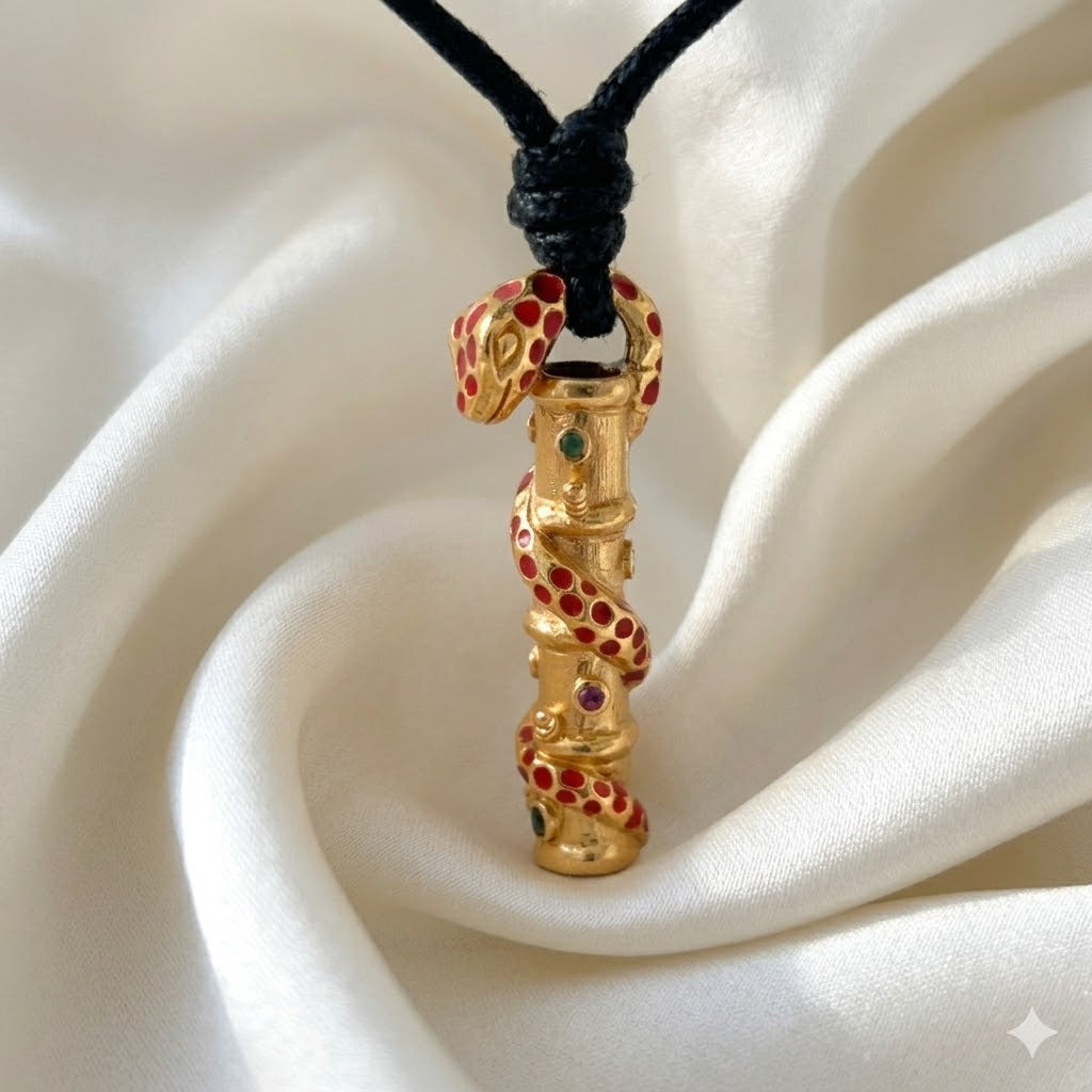 Antique Gold Snake rod of asclepius 92.5 Sterling Silver Charm Necklace Pendant Jewelry