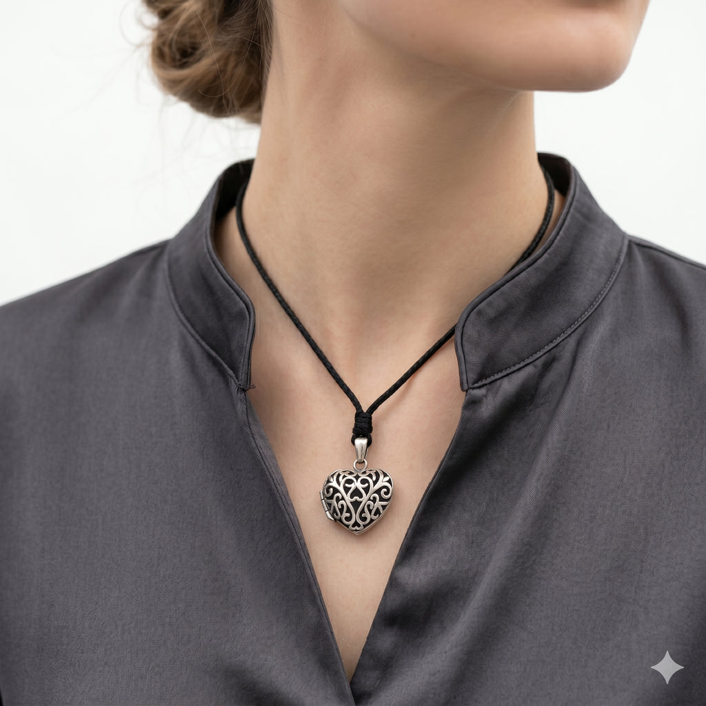 Handcrafted Lockets Ornate Heart Oval, triangle Design, Openable Keepsake 92.5 Sterling Silver Necklace Pendant Jewelry