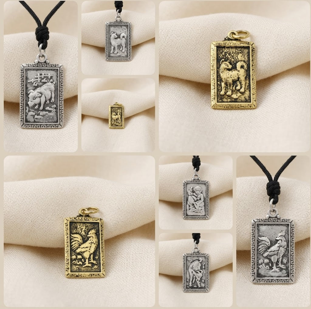Rectangle Chinese Zodiac Sterling Silver Pewter Brass Necklace Pendant Jewelry