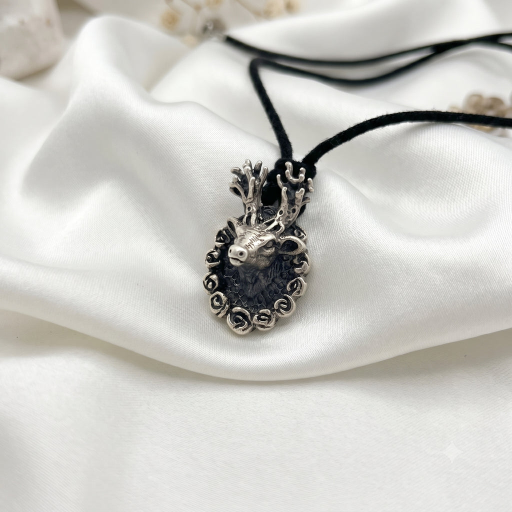 Deer With Round Rose Frame 92.5 Sterling Silver Pewter Brass Charm Necklace Pendant Jewelry