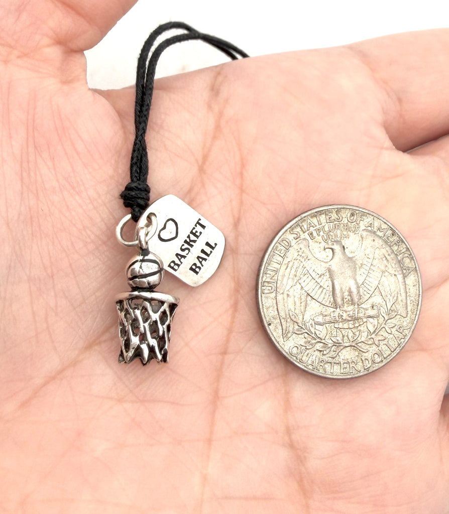 Basketball Hoop Ball Net 92.5 Sterling Silver Charm Necklace Pendant Jewelry