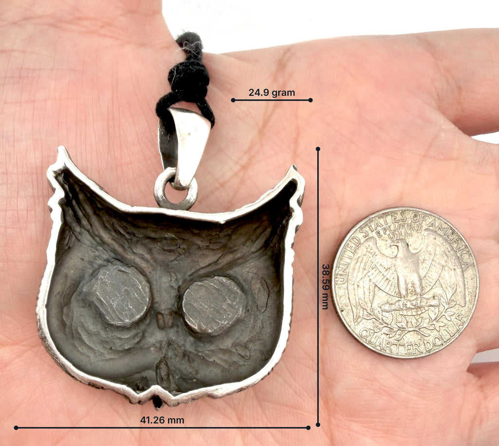 Vintage Gothic Owl Blue Eyes Large Size 92.5Sterling Silver Gold Brass Pendant Necklace