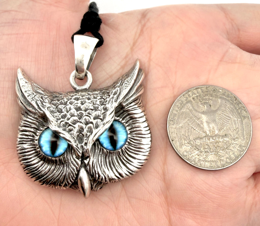Vintage Gothic Owl Blue Eyes Large Size 92.5Sterling Silver Gold Brass Pendant Necklace