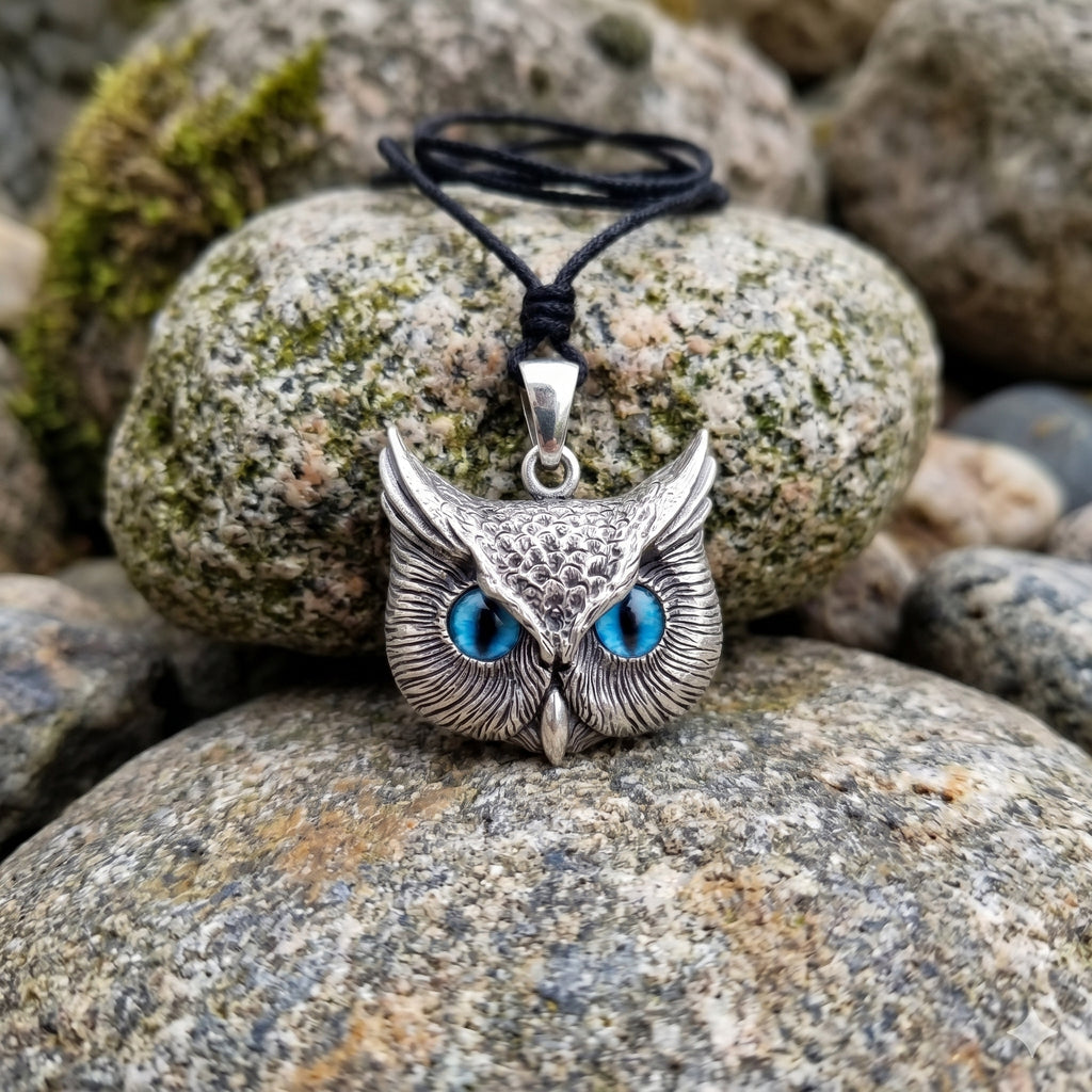 Vintage Gothic Owl Blue Eyes Large Size 92.5Sterling Silver Gold Brass Pendant Necklace