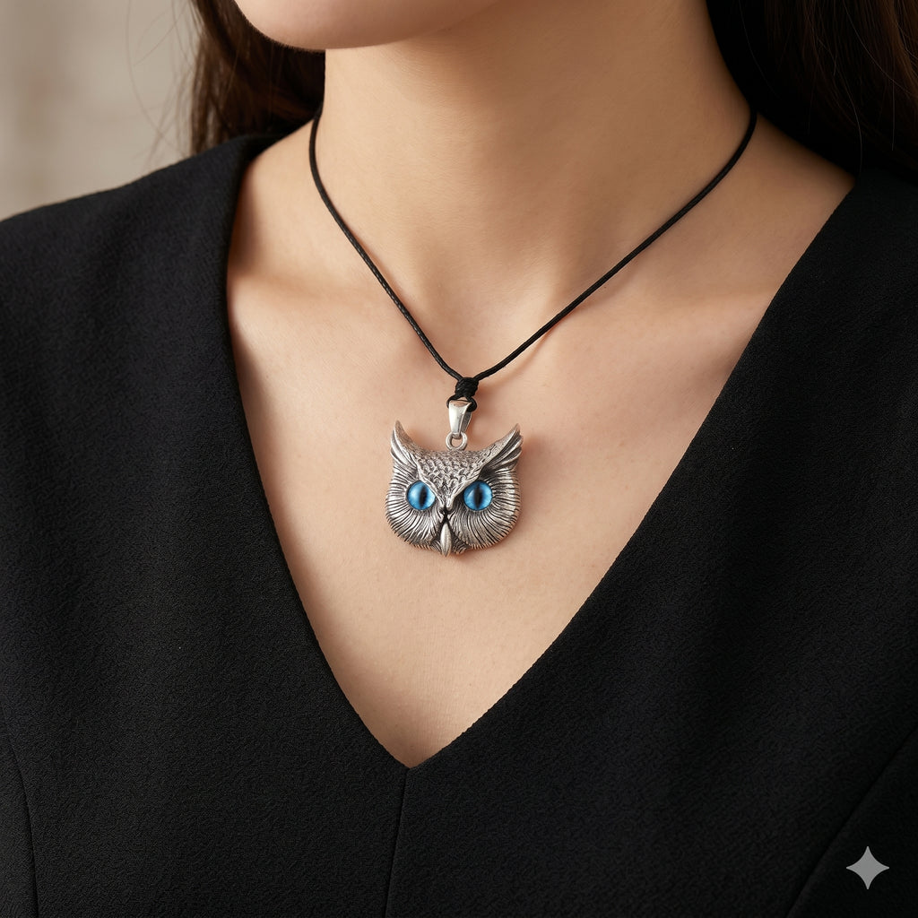 Vintage Gothic Owl Blue Eyes Large Size 92.5Sterling Silver Gold Brass Pendant Necklace