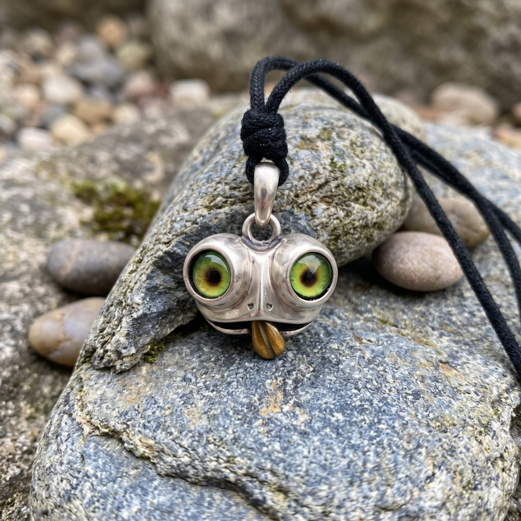 Lucky Gift Cute Cartoon Frog Green Eyes Pendant 92.5 Sterling Silver Pendant Necklace