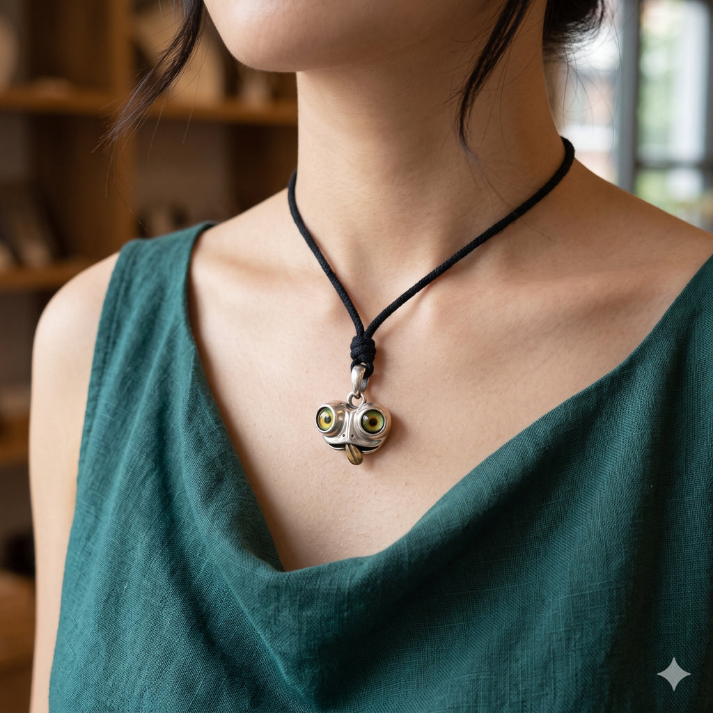 Lucky Gift Cute Cartoon Frog Green Eyes Pendant 92.5 Sterling Silver Pendant Necklace