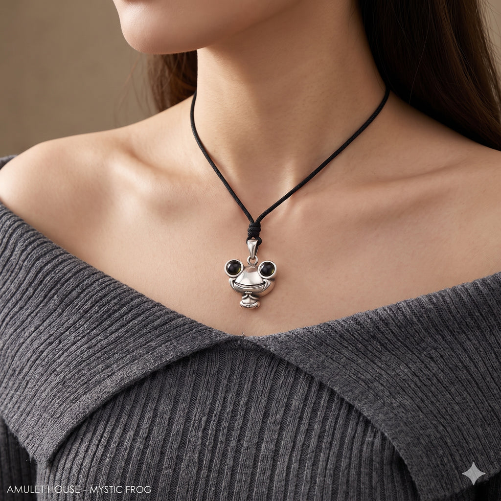 Lucky Gift Cute Cartoon Frog Green Eyes Pendant 92.5 Sterling Silver Pendant Necklace