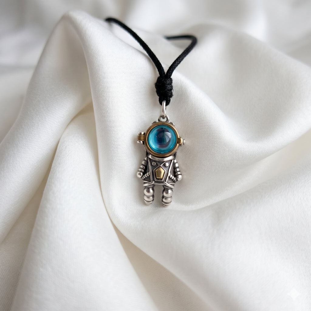 Cute Vintage Astronaut Pendant Sterling Silver Brass Charm Pendant Necklace
